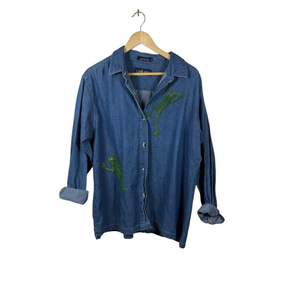 VINTAGE Luna Pier Women’s Oversized Denim Frog Shirt Blue/Green Size XL - Picture 1 of 9